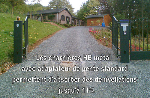 Les charnires HB Metal avec adaptateur de pente standard permettent d'absorber des dnivellations jusqu' 11%